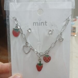 Mint Strawberry and Heart Silver Necklace Set